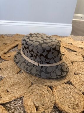 Coach Brown Signature Monogram Bucket Hat with Beige Trim